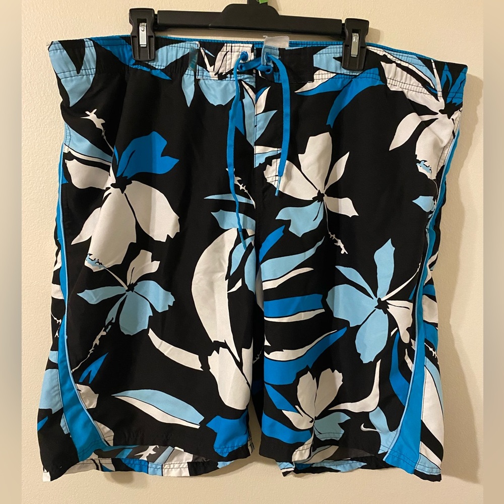 Mens Black Blue White Floral Nike Lined Swim Trunks Shorts Size XL